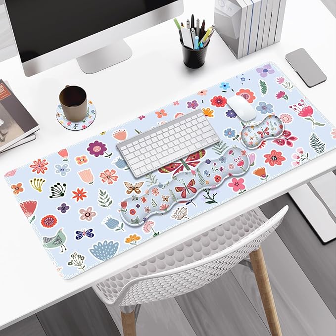 Desk Mat Gaming Mouse Pad, Cute Desk Matt Keyboard Wrist Rest for Desktop, Anti-Slip Big Mousepad Stitched Edges, XXL Large Mouse Pad with Wrist Support for Home Office I Butterfly & Flower