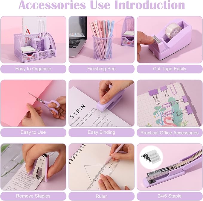 Purple Mesh Desk Organizer and Accessories, Purple Office Supplies 7 Compartments Desk Organizer with Stapler,Tape Dispenser,1000 Staples,Pen Holder,Staple Remover,Clips,Ruler,Scissors