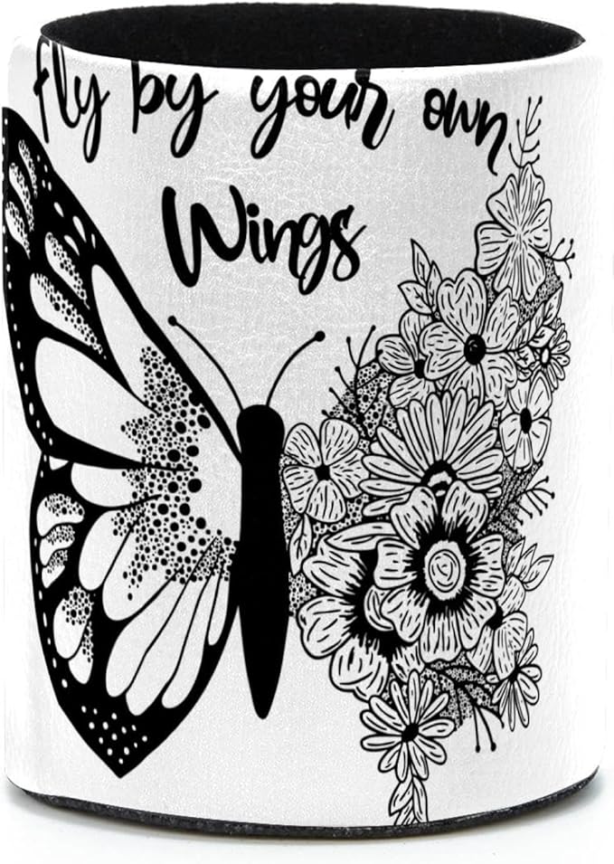 Black and White Butterfly Flowers Pen Holder, PVC Leather Pencil Holder for Desk, Pencil Cup Pot Desk Organizer and Accessories Makeup Brush Holder for Office, School, Home, Art Supply