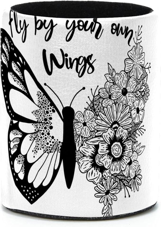 Black and White Butterfly Flowers Pen Holder, PVC Leather Pencil Holder for Desk, Pencil Cup Pot Desk Organizer and Accessories Makeup Brush Holder for Office, School, Home, Art Supply