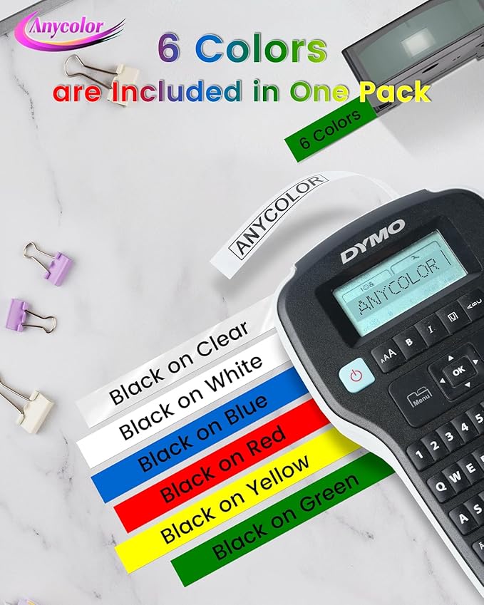 Anycolor 6-Pack Replace for Dymo D1 Label Tape 1/2" dymo Label Maker Refills D1 45013 45010 45016 45017 45018 45019 for LabelManager 160 280 PnP 360D 210D 420P COLORPOP Labeler, 12mm x 7m