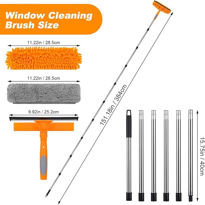 Window Squeegee Cleaner Tool with Extension Pole: 2-in-1 Window Cleaning Kit - 86.6 Inch Telescopic Long Window Cleaning Tool for High Windows Glass with 2 Microfiber Cloth & Squeegee Blade