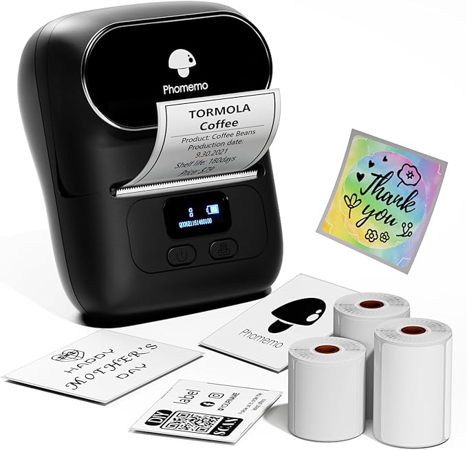 Phomemo Label Maker - M110 Address Label Printer Bluetooth Thermal Printer for Business, Office, School, Home-use, Barcode, Logo, Clothing Labels, with 3 Label Roll, Black