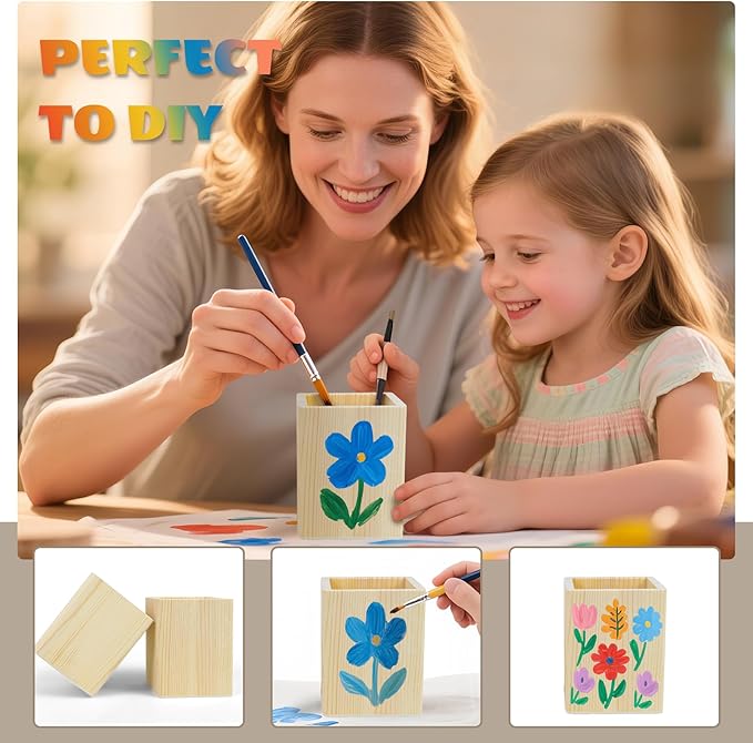 6 Pack Wood Pen Holder Unfinished Wooden Pencil Holder Pine Wood Pen Holder Stand for Desk Office Supplies Makeup Brushes Organizer (Square)