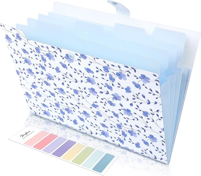 SKYDUE Expanding File Folder with 5 Pockets, Floral Accordion File Organizer for Important Document，Portable Receipt Paper Organizer，School Office Supplies,Blue