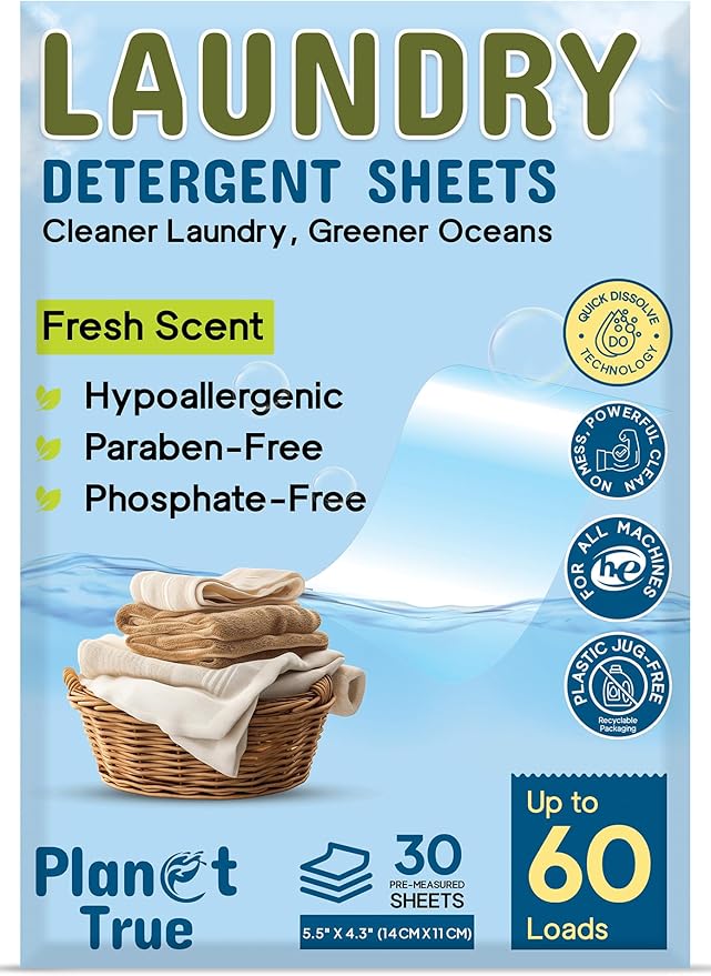 Eco-Friendly Laundry Detergent Sheets, 60 Loads (30 Sheet) Fragrance Free Laundry Sheets Detergent, Concentrated Washer Detergent, Plastic Free Travel Laundry Detergent