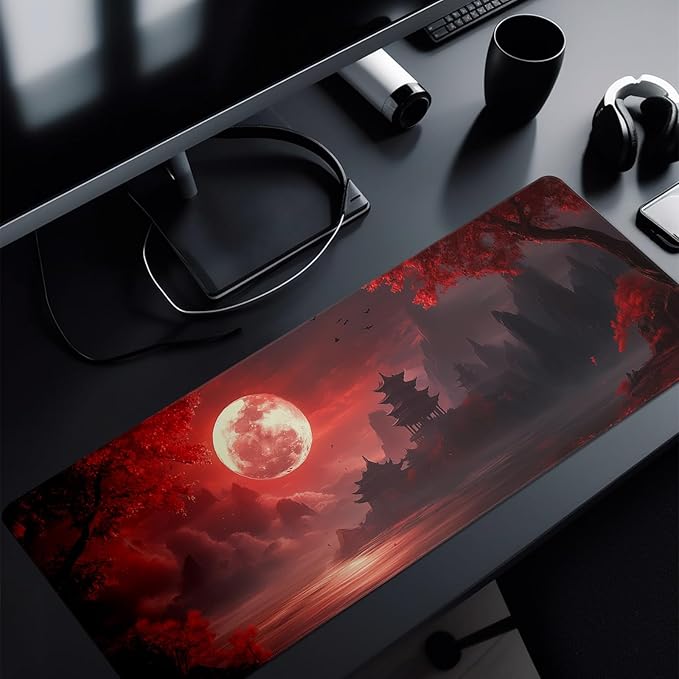 Red Landscape Mouse Pad Abstract Red Mouse Pad 31.5x11.8 Inch Landscape Texture Non-Slip Rubber Base Large Mousepad Stitched Edges Keyboard Mouse Mat Desk Pad for Office and Home