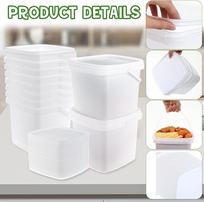 Mifoci 24 Pcs 5 Qt/ 169 Oz/ 5 L Plastic Food Containers, 1.24 Gallon Ice Cream Buckets with Lids and Handle Reusable Square Deli Containers Freezer and Microwave Safe for Kitchen Food Drinks Storage