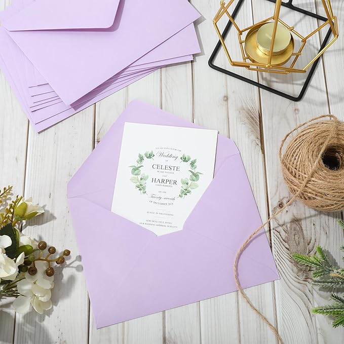 Whaline 50Pcs A7 Invitation Envelopes Set Purple Greeting Card Envelopes V-Flap Envelope Gift Card Sleeves for Mailing Sending Card, 7.3x5.3 Inch