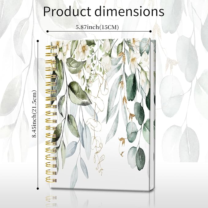 Spiral Journal Notebook, Hardcover Lined Journal for Women, Medium 6 x 8.4 in, 120 Pages Thick Paper, College Ruled Notebook for Writing, Work, Office, and School,Watercolor Green Gold Branches