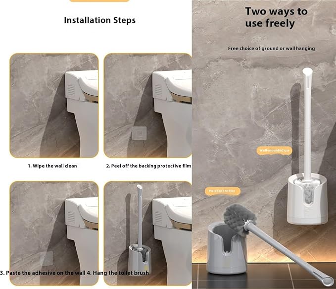 Wall Mounted Toilet Brush Set with No-Drill Adhesive & Drip-Free Tray Space-Saving Toilet Cleaning Brush Holder Deep CleansNoMessStorageSlides Under Sinks (Gray)