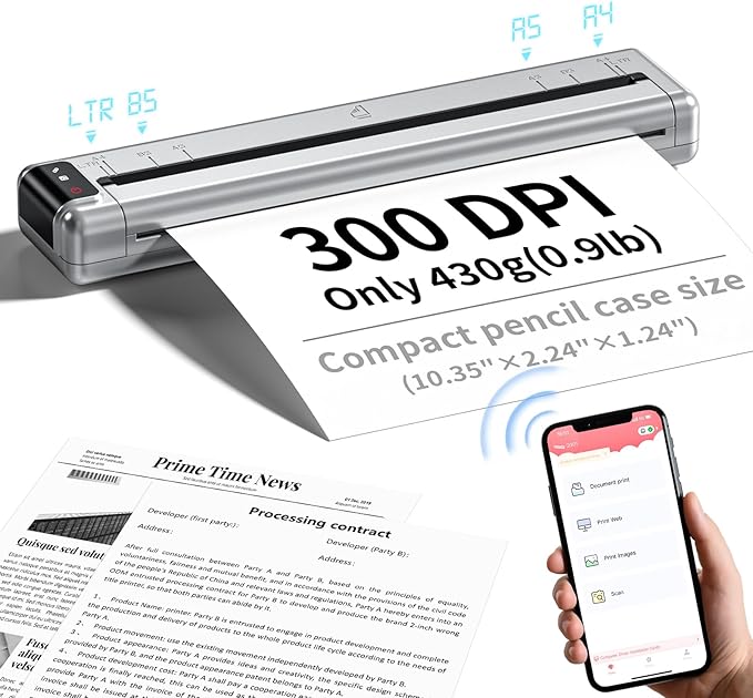 Portable Printers Wireless for Travel,Q302 WiFi Inkless Thermal Printer with Reverse Charging, Phone Printer Supports US Letter/A4/B5/A5, Bluetooth Printers for Home Use Office,300DPI