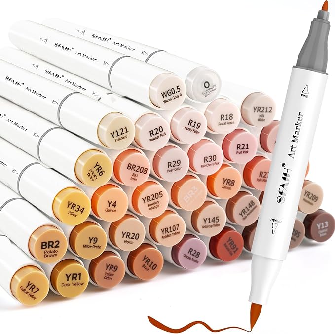 SFAIH Skin Tone Alcohol Markers Brush Tip - 37 Portrait Color Markers for Drawing, Coloring - Fast-Drying, Blendable Ink Marks for Artist Adults, Dual Tip - Brush & Fine - Refillable Ink