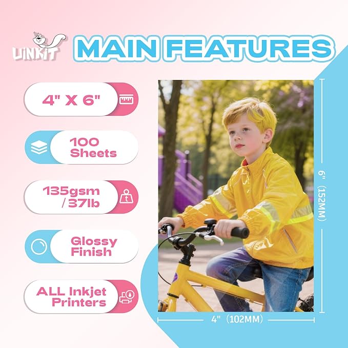 Uinkit 37lb Thin Inkjet Photo Paper 4X6 Inches Professional Glossy 100 Sheets Single Side DIY Chip Bag 135gsm Photos Picture for Inkjet Printer with Dye Ink Brochure (4X6X100)