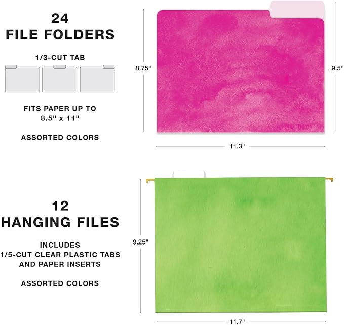 Global Printed Products Deluxe Designer Hanging File Folder Kit, Includes Metal Hanging Basket, 12 Hanging Folders, 24 File Folders, 1/3 Cut Tab, Assorted Positions, Letter Size (Watercolor Solid)