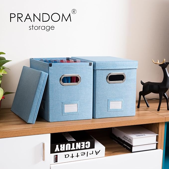PRANDOM File Organizer Box - Set of 1 Collapsible Decorative Linen Filing Storage Hanging File Folders with Lids Office Cabinet Letter Size Blue (14x9.3x10.8 inch)
