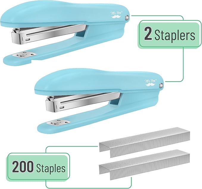 Mr. Pen- Staplers for Desk, 2 Pack With 200 Staples, 20 Sheet Capacity, Blue, Office Stapler Set