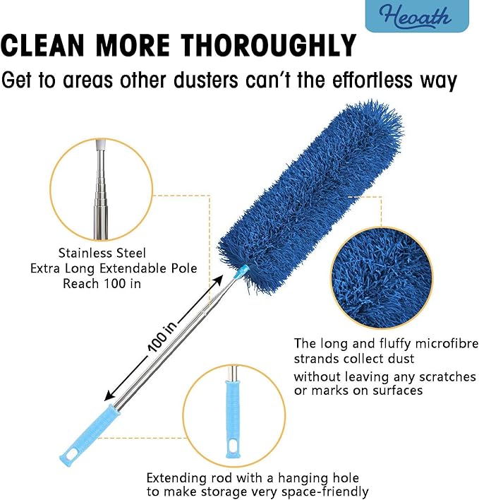 HEOATH Microfiber Feather Duster with Extendable Pole, 100 inches Extra Long Cobweb Duster for Cleaning, Bendable Head, Non-Scratch, Washable Duster for Ceiling, Fan, Furniture Blue