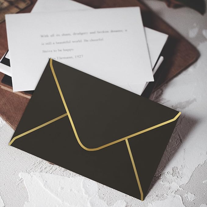 Black 5x7 Envelopes 50 Pcs, Goefun A7 Envelopes for Invitation, V-Flap with Gold Border for Baby Shower, Graduation, Announcements, 5.25 x 7.25 inches
