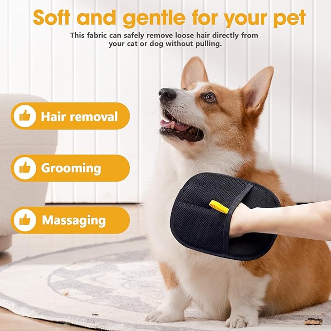 Xylpaar 2 Pcs Black Double Sided Pet Hair Removal Gloves, Electrostatic Magic Brush Pet Hair Remover and Grooming Tool with Shell Comb for Dogs & Cats, Sofa, Bed, Car and Furniture