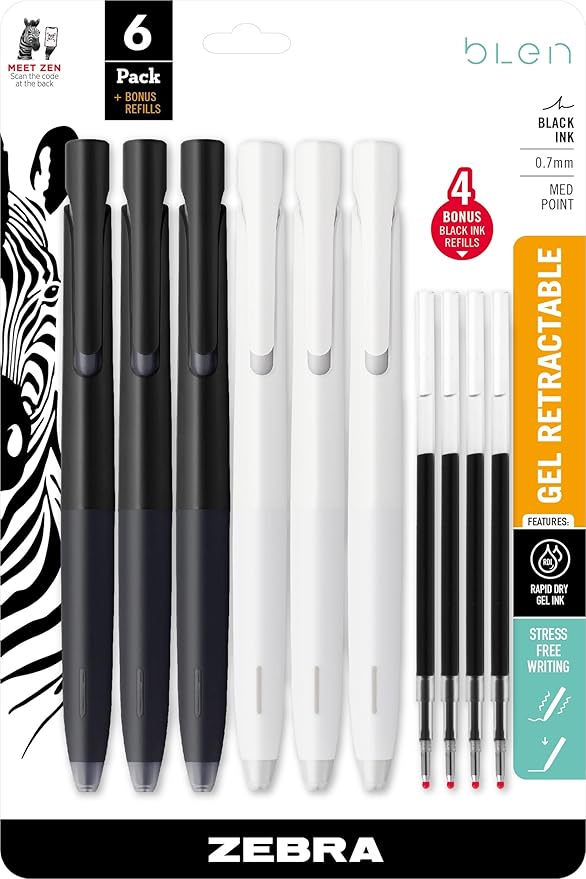 Zebra Pen bLen Gel Pens 0.7mm Medium Point Black Ink 6-Pack With 4 Refills, Smooth Fast-Drying Ink, Vibration-Free Writing Experience, Rubber Grip, Low-Profile Clip (41416)