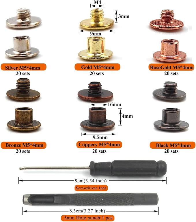 120 Sets Chicago Screws with Hole Puncher and Screwdriver Assorted Kit 6 Color Leather Rivets Screw Flat Fillister Book Binding Posts Nail Rivet Chicago Bolts for DIY Leather Craft (5×4mm)