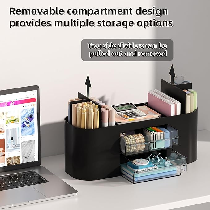 Marbrasse Desk Organizer Pen Holder with 3 Drawers, Multi-Functional Pencil Holder,Desk Organizers and Accessories with 7 Compartments for Home, School, Classroom (Black)
