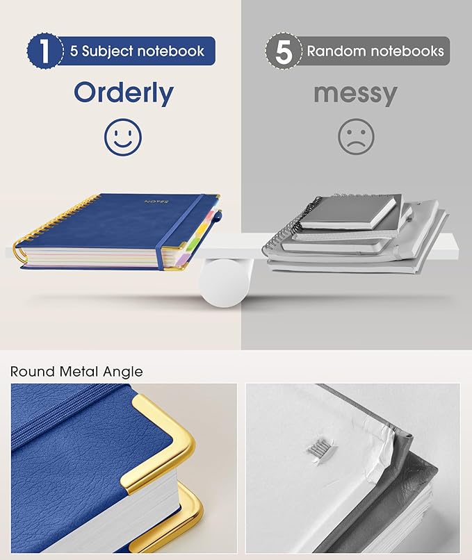 Hardcover Spiral Notebook journal with Removable Dividers Tabs, 300 Pages Leather 5 Subject Notebook College Ruled, 8"x10" Large B5 Notebooks for Work School Note taking, Lined Journal for Women,Navy