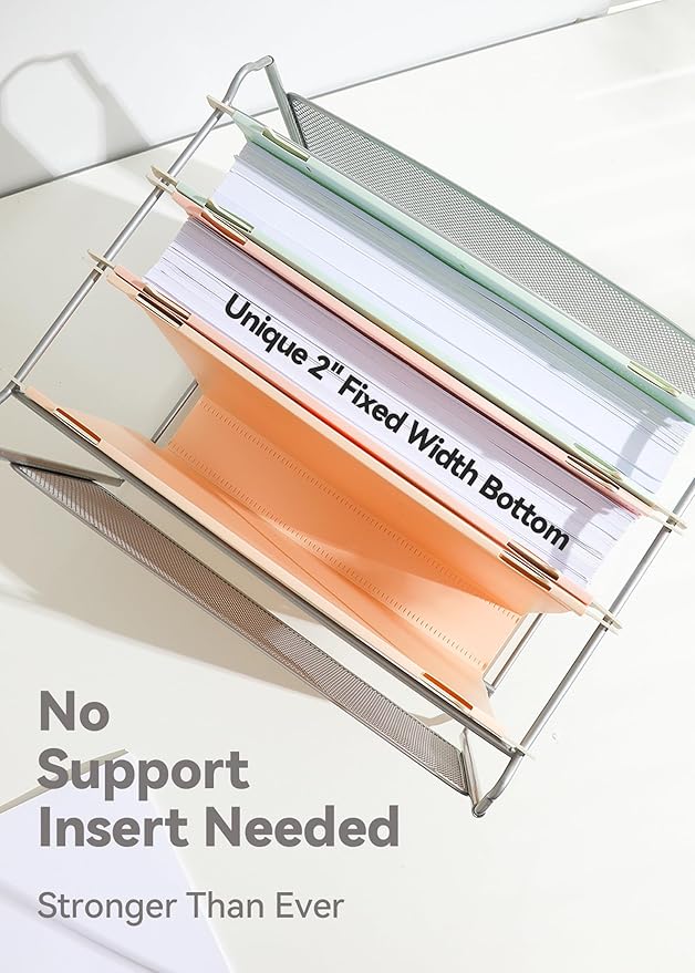 Plastic Hanging File Folders, 2'' Fixed Width, No Support Insert Needed, Heavy Duty File Folders for Filing Cabinet, Insertable Tabs, Letter Size, Pastel Colors - 12 Pack