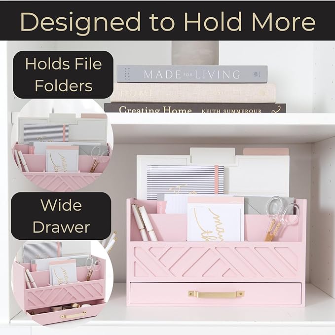 BLU MONACO Pink Wooden Desk Organizer with Storage Drawer and Gold Handle – Cute Office Supplies Holder – Mail Storage for Desktop at Home, Office, or Workspace