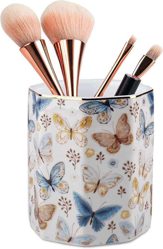Jwest Pen Holder, Ceramic Shiny Gold Graphic Butterfly Pattern Pencil Cup for Girls Kids Women Durable Stand Desk Organizer Makeup Brush Holder Gift for Office, Classroom, Home Butterfly