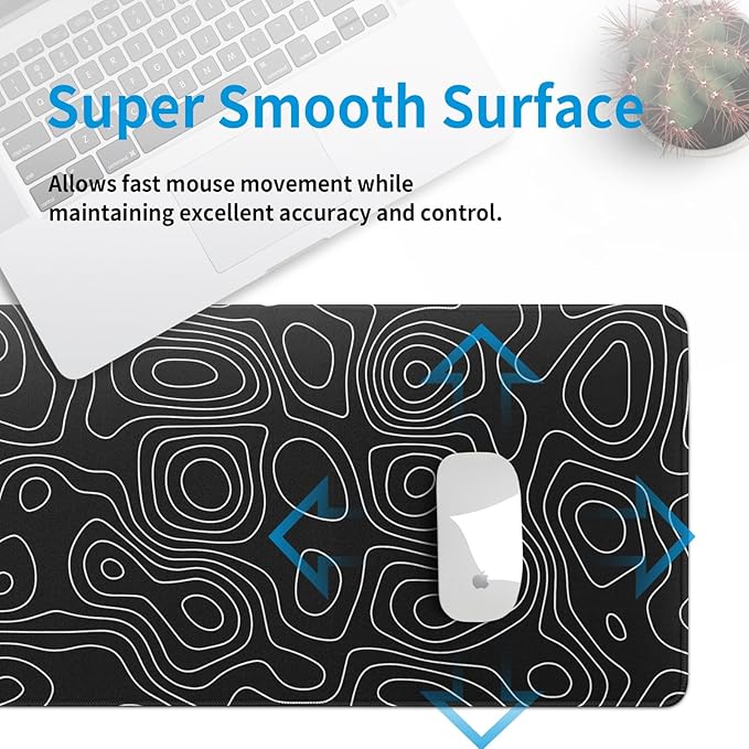 Black Topography Contour Gaming Mouse Pad Large Anime Topographic Map Mousepad Extended Mouse Pad Gaming Big Desk Pad Keyboard Pad with Stitched Edge Non-Slip Rubber Base