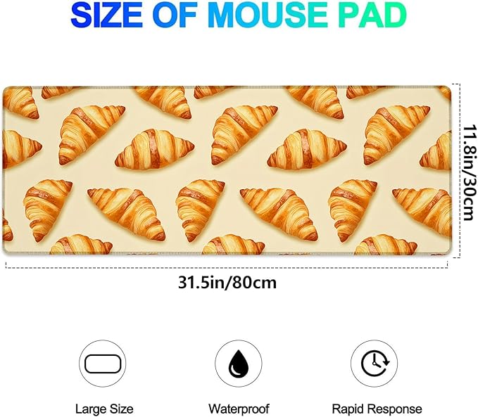 Delicious Croissant Gaming Mouse Pad, Extended Cute Bakery Food Desk Mat Computer Laptop Mousepad, Robust Stitched Edges, 31.5"×11.8" Large Office Keyboard Mouse Pads for Home Desktop Decor