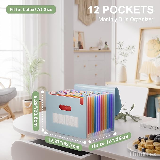 ThinkTex Accordion File Organizer, 12 - Pocket Expanding File Folders for Paper Receipts, Bill&Taxes Organizer, Letter/A4 Size Document Holder for School, Office, Home with Colorful tabs-Light Blue