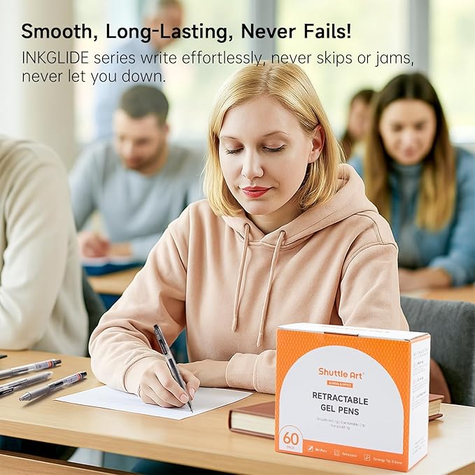 Shuttle Art Black Gel Pens, Ink Glide Series 60 Pack Retractable 0.5mm Fine Point Rollerball Gel Ink Pens Bulk Set Quick Drying Smooth Writing with Grip for Journaling Note Taking Office School Home