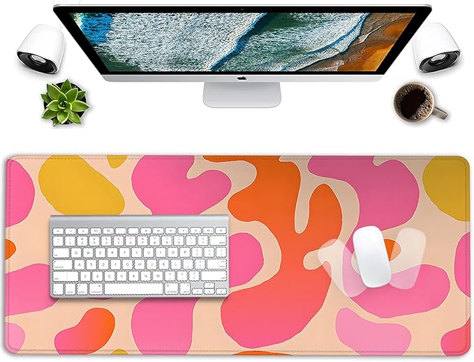 Pink Desk Mat Mouse Pad,Abstract Mouse Pad XL Cute Desk Pad Keyboard Mat,Desk Accessories for Women Office Decor, Extended Mousepad Non-Slip Rubber Base with Stitched Edges(27.5X11.8 in)