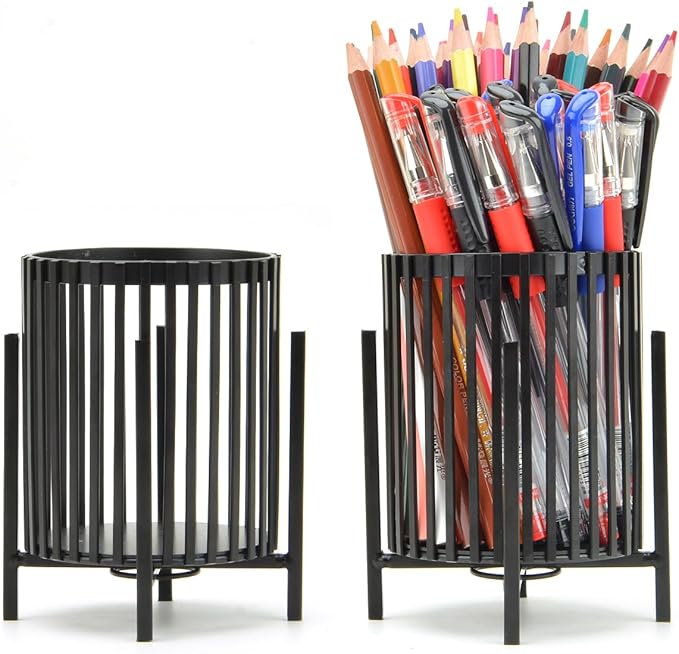 Black Pen Holder Cup for Desk, Black Metal Pencil Holder, Premium Metal Pen Cup Pencil Holder Marker Holder, Desk Accessories Organizer for Home & Office