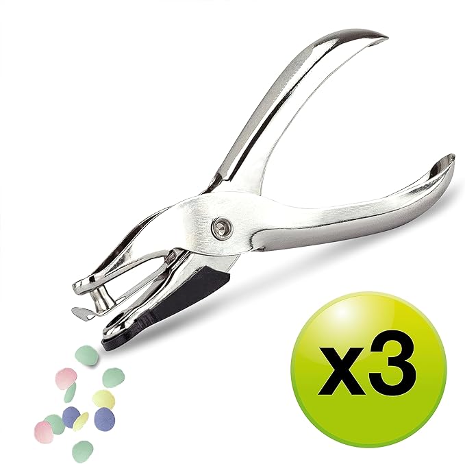Rapesco 1739 Pack of 3 Single Hole Punch Pliers, 10 Sheet Capacity, Silver 1 Hole Puncher for ID Cards, Paper,Crafts, Art Projects, Easy Punching Card Stock and Chipboard