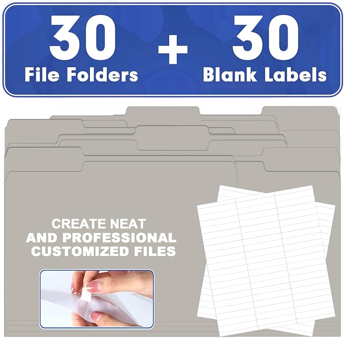 File Folder, HERKKA 30 Pack 1/3 Cut Tab File Folders, File Folders Great for Organizing and Filing, Letter Size, Grey