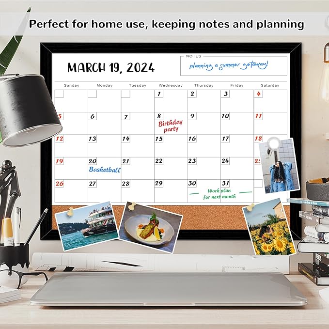 ABERLLS Monthly Calendar Dry Erase Board for Wall, 17''x13'' Whiteboard with Black Wood Framed, Magnetic White Boards, 2in1 White Board Cork Board Combo