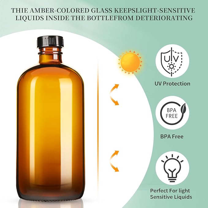 16oz Amber Glass Spray Bottles,6 Pack Glass Spray Bottles Refillable Empty Bottle with Adjustable Nozzle,Spray Bottle for Essential Oils,Cleaning,Pets,Hair Mister