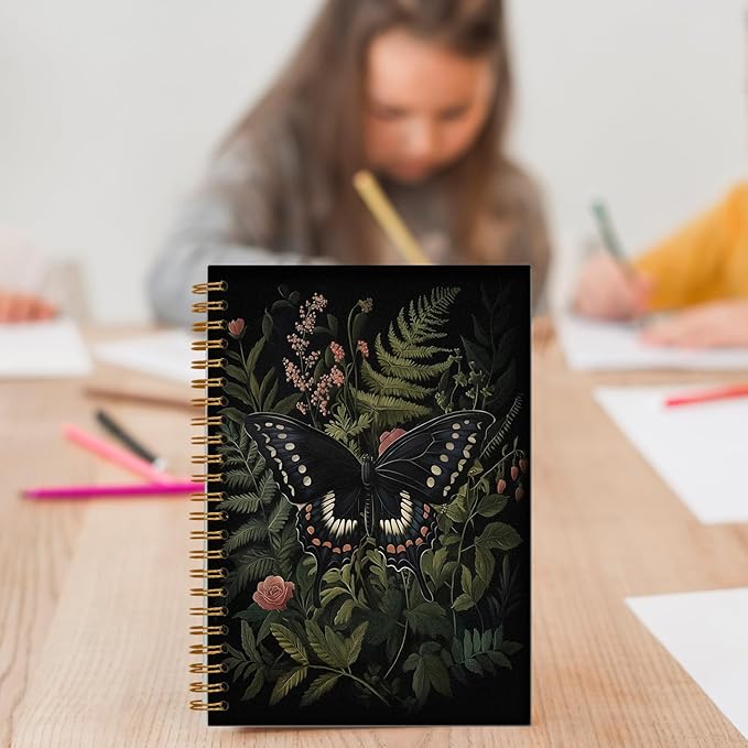 Dark Botanical Black Butterfly Notebook, Moody Floral Moth Journal for Women, Dark Academia Cottagecore Journal for Writing, Cottagecore Butterfly Spiral Notebook 5.5x8.3 Inch