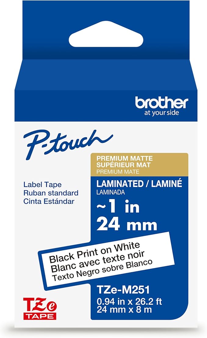 Brother Genuine P-Touch TZe, Black Print on White Label Tape (TZeM251), Premium Matte Laminated,3/4in x 26.2ft (18mm x 8m), for Select P-Touch Label Makers, for Crafts, Home Office, Small Business