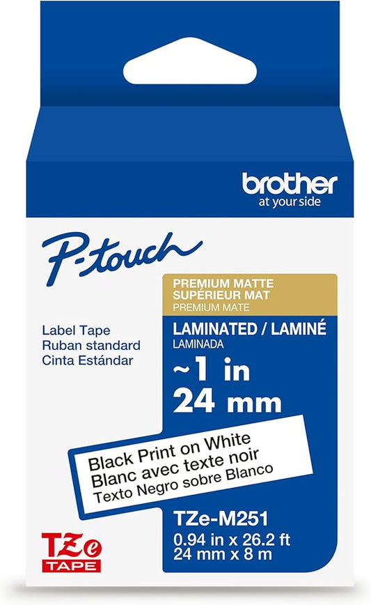 Brother Genuine P-Touch TZe, Black Print on White Label Tape (TZeM251), Premium Matte Laminated,3/4in x 26.2ft (18mm x 8m), for Select P-Touch Label Makers, for Crafts, Home Office, Small Business