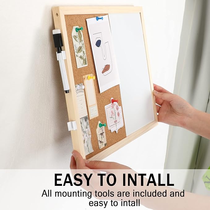 2-Pack Cork Board White Board Combo - 15.7 x 12 inches Whiteboard Bulletin Combination Board Hanging Office White Push Pin Board Vision Board for Room School Office Bedroom (with Pins, Hardware, Rope)