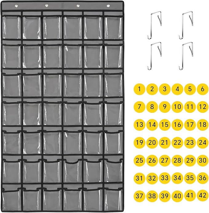 42 Pocket Classroom Pocket Chart for Cell Phones and Calculator,Clear Cellphone Pocket Chart for Classroom with Number Sticker and Hooks (Grey-42 Pockets)