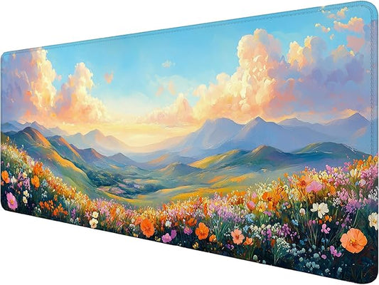 Flowers Desk Pad Mouse Pad Watercolor Dream Landscape Field Hills Gaming Mouse Mat with Stitched Edges,Non-Slip Waterproof Rubber Base Mouse Mat Office Computer Keyboard Laptop Home 31.5"x11.8"