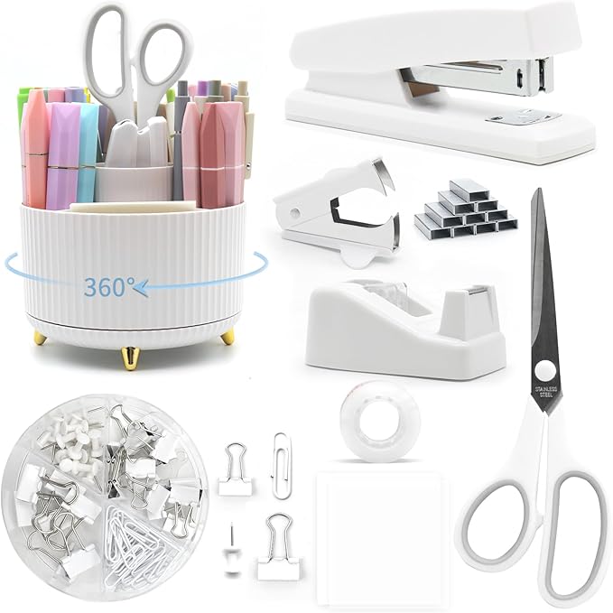 White Desk Accessories, Rotating Pen Holder Set,White Office Supplies with Stapler and Tape Dispenser Set, Gifts for Office Clerks,Student