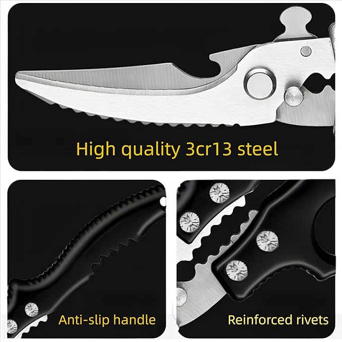 Kitchen Scissors Stainless Steel Shear, Safety Lock, Sharp Heavy Duty Poultry Shears for Food, Chicken Bones, Turkey, Dishwasher Safe, 9.33 Inch, Black