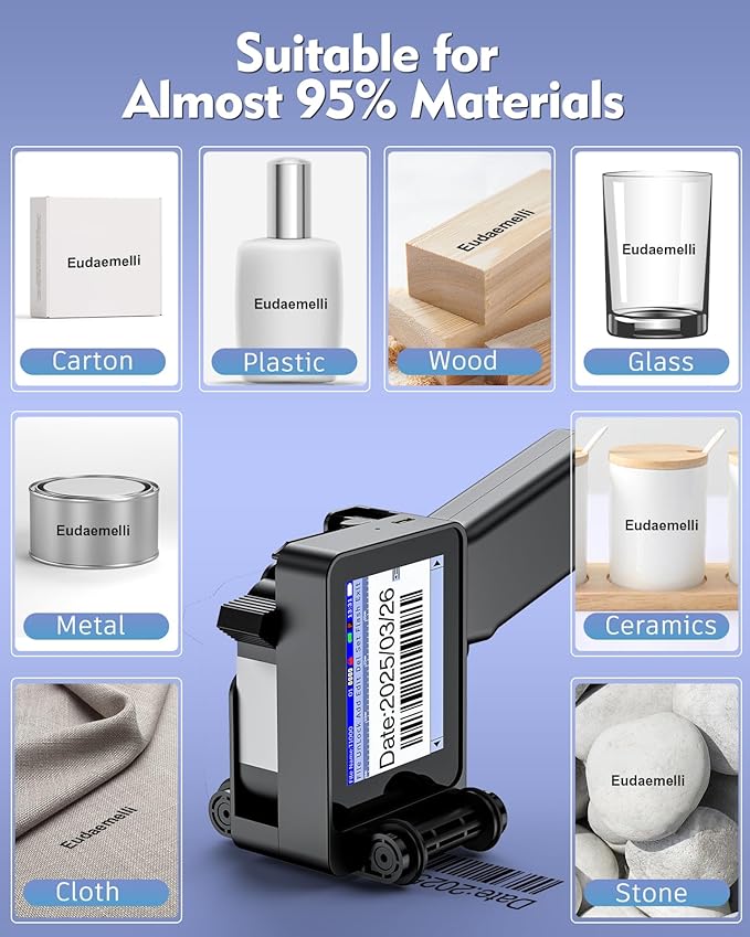 Mini Handheld Inkjet Printer, T1000 Printer Gun with 42ml Fast-Drying Ink Cartridge, Mini Date Printers for Date Coder, QRcode, Barcode, Batch Number, Text, Logo(Black, Printing Height: 0.08-0.5Inch)